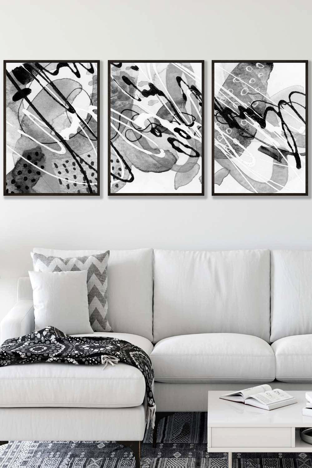 Set of 3 Black Framed Abstract Watercolour in Black and Grey Wall Art